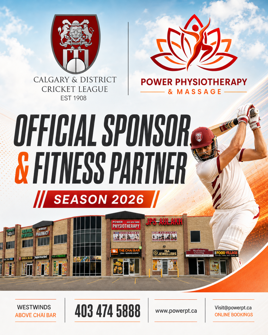 Power Physiotherapy official sponsor and fitness partner poster for the Calgary and District Cricket League Season 2026