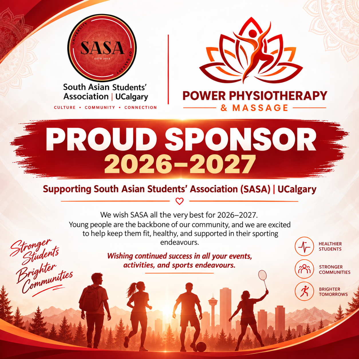 Power Physiotherapy and Massage 2026–2027 SASA UCalgary proud sponsor poster