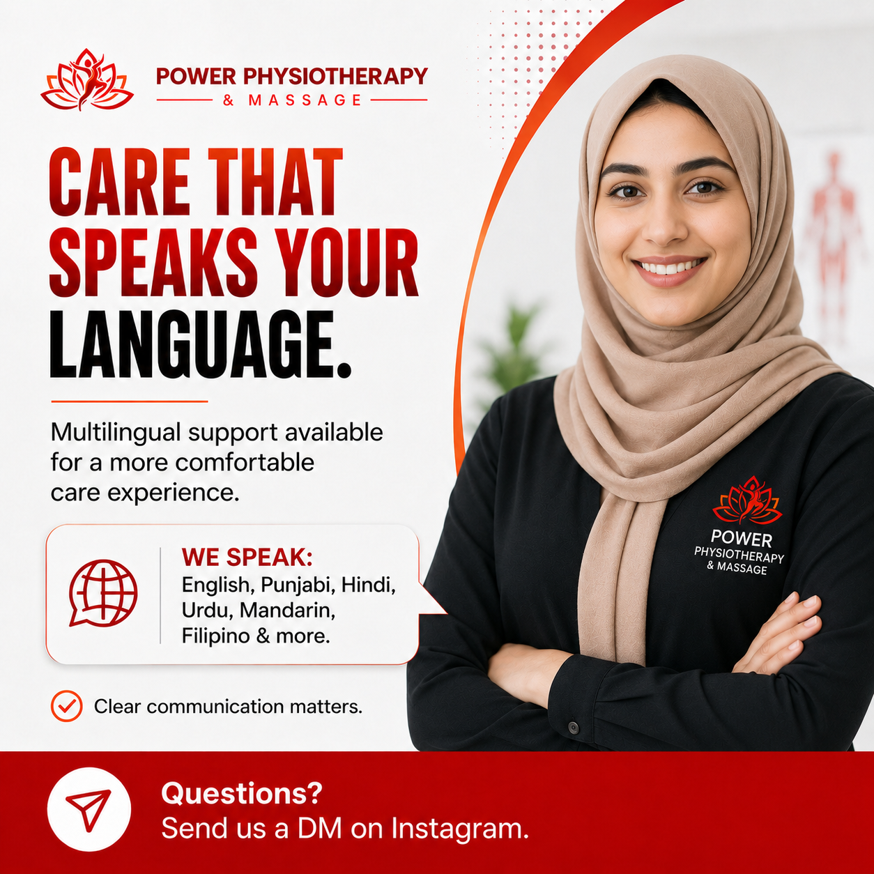 Multilingual support announcement for Power Physiotherapy and Massage